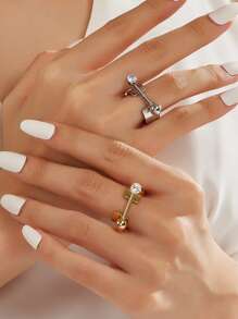 1 件 18K 镀金华丽风格不锈钢方晶锆石线元素戒指女士珠宝婚礼派对约会礼物 - 線條寬面 - 查看 1