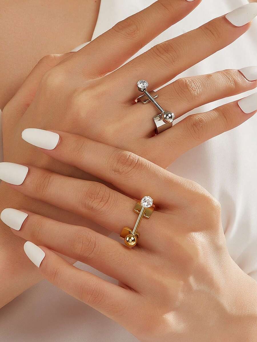 1 件 18K 镀金华丽风格不锈钢方晶锆石线元素戒指女士珠宝婚礼派对约会礼物 - 線條寬面 - 查看 1