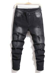 Men Ripped Frayed Bleach Wash Jeans