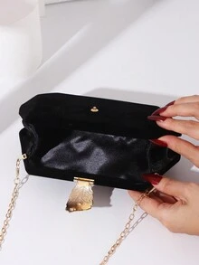 Women's Elegant Velvet Box Clutch Bag, Luxury Rhinestone Decor Evening Handbag For Wedding Party - Black - View 6
