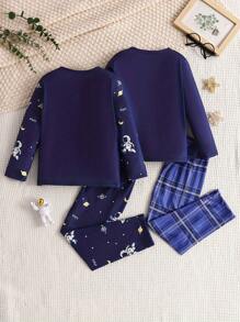 Young Boy 4pcs Fashionable Plaid Astronaut Print Casual Pajama Set, Home Clothes