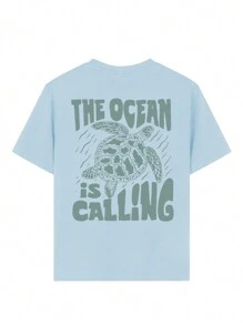 女童休闲印花圆领短袖T恤裙，夏季学生必备单品 - 海龟图案T恤，适合日常穿着！女童印花T恤上衣，夏季 - 淺藍色 - 查看 1