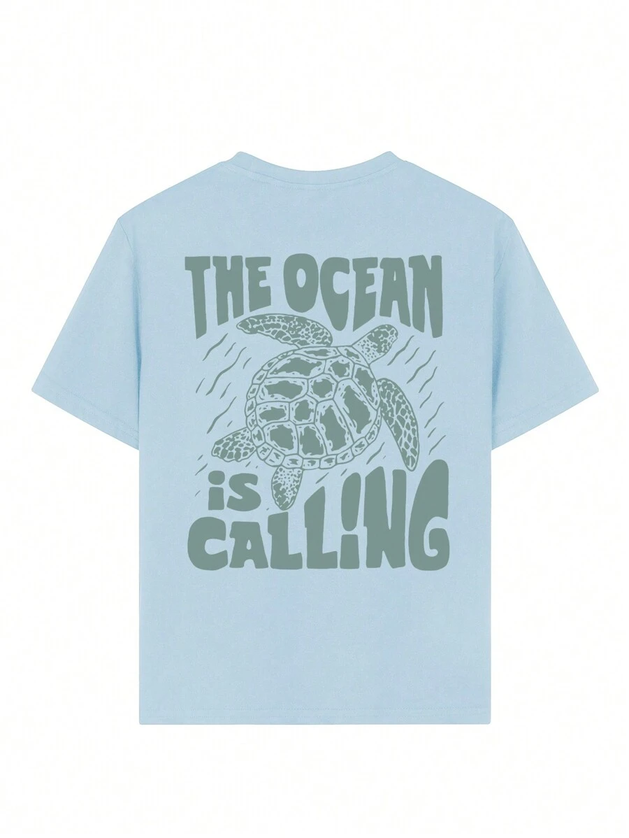 女童休闲印花圆领短袖T恤裙，夏季学生必备单品 - 海龟图案T恤，适合日常穿着！女童印花T恤上衣，夏季 - 淺藍色 - 查看 1