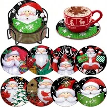 8pcs/Set DIY Christmas Diamond Painting Coasters With Holder Anti Slip Wood Diamond Art Painting Christmas Coasters Crystal Rhinestones Diamond Art Christmas Coasters For Adults - Multicolor - View 15
