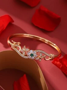 1 peça de Pulseira de Bracelete Floral Geométrica de Aço Inoxidável Dourado com Strass, Elegante, Romântico, Vintage e Simples, Adequada para Uso Diário, Festa, Encontro e Presente para Damas de Honra