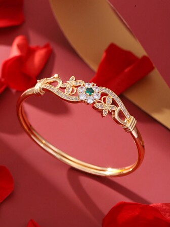 1pc Fashionable Elegant Romantic Vintage Simple Chic Golden Stainless Steel Rhinestone Geometric Floral Cuff Bracelet, Suitable For Women Daily Wear, Party, Date, Bridesmaid Gift