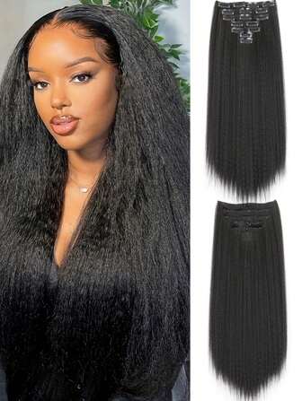 7 件/套 长款 Yaki 直发片 合成夹式接发 优雅 适合日常使用 卷曲接发 发饰 黑色