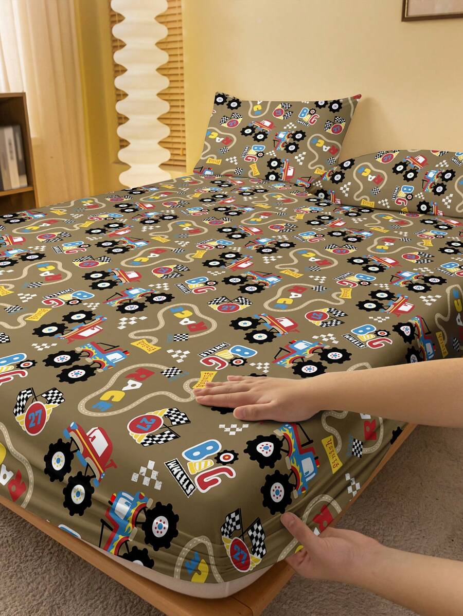 1 件卡通可爱建筑印花拉绒床笠,卧室印花床上用品套(不含枕套) - 彩色 - 查看 1