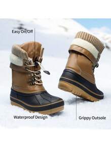 Kids Winter Snow Boots | Waterproof Insulated Mid Calf Ski Boots With Cozy Knit Collar For Boys & Girls - Cà phê nâu - Xem 7