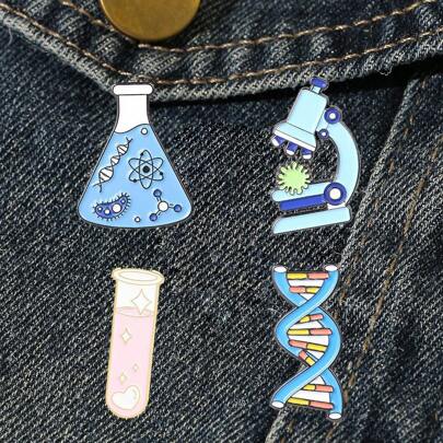 4 件/套化学实验室创意金属胸针、显微镜、烧杯、DNA 和链条设计，多功能卡通胸针，适合日常佩戴情人节情人节礼服配饰衣服别针包饰背包学校办公室配饰衬衫夹克珠宝圣诞节万圣节衣服别针有趣可爱的教师礼物