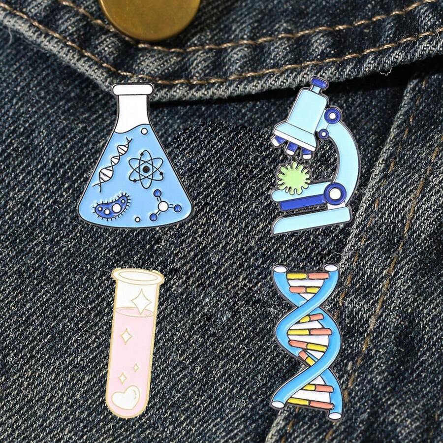 4 件/套化学实验室创意金属胸针、显微镜、烧杯、DNA 和链条设计,多功能卡通胸针,适合日常佩戴情人节情人节礼服配饰衣服别针包饰背包学校办公室配饰衬衫夹克珠宝圣诞节万圣节衣服别针有趣可爱的教师礼物 - 彩色 - 查看 1