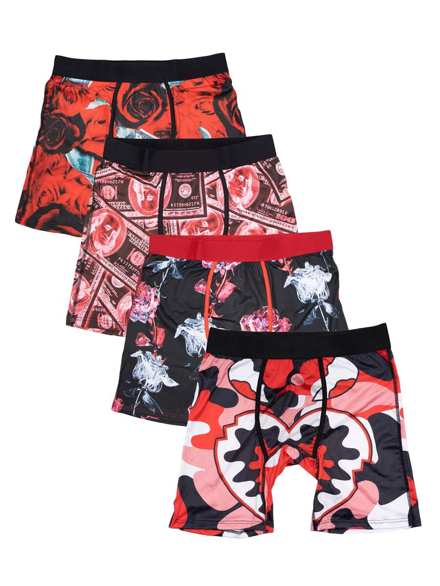 4pcs/Pack Men's Printed Long Boxer Briefs - Multicolor - View 1