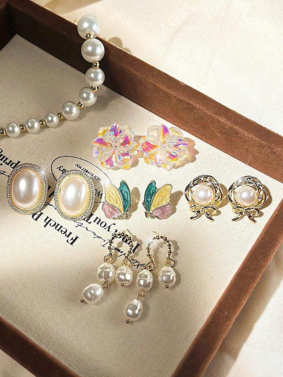 5pcs/Set Vintage Hollow Bow Faux Pearl Earrings For Women, Asymmetrical Minimalist Earring Set Valentines