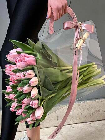 1PC Bouquet Bag Flower Shop Bouquet Ribbon Packaging Bags Plastic Handbag For Party And Holiday Gifts