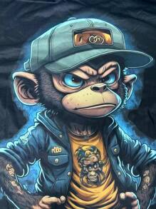 Men's Plus Size Cartoon Monkey Printed Long Sleeve Shirt - Black - View 3