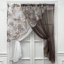 1 Piece Cross Translucent Curtains Coffee Print Leaves Triangular Kitchen Short Curtains, French Country Filter Tulle Curtains For Living Room Farmhouse  Office Home Decoration