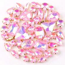 50 piezas/paquete, caramelos de gelatina de colores AB en formas mixtas, piedras de cristal coser a mano con base de metal dorado plano con agujeros, material de costura brillante con piedras preciosas para accesorios DIY, se pueden usar para decorar ropa, vestidos, bolsos, zapatos, broches, aretes, manualidades