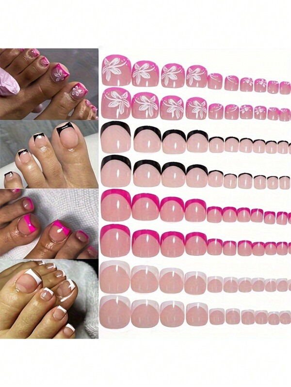 96Pcs/Set Pink Square Press-On Toenails - Glossy Floral Pattern Reusable Storage Box Fake Toenails, Suitable For Women And Girls, French Design Summer Nail Art Set Nail Supplies Nails