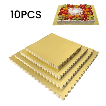 10PCS Cake Paper Boards, Square Gold Bakery Boards, Scallop Edge Grease Proof Cakeboard - Thickening Base Stand Cakeboard For Wedding Birthday Cake Decorating Supplies, Pizza Base Cake Plate Accessories
