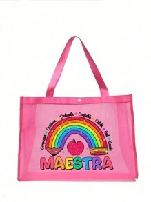 Bolsa de playa de malla con estampado arcoíris, bolsa de playa con letra Maestra, bolsa de playa plegable con cremallera, impermeable y a prueba de arena, bolso de playa de malla con decoración de letra para mujer, adecuado para almacenamiento y compras de vacaciones en la playa para adolescentes y universitarias, gran capacidad, gran regalo para familia, amigos, estudiantes, vuelta al cole, regalos para maestros, mejor regalo para el Día del Maestro - Rosa - Ver 8