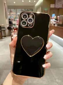 防震心形元素镀金心形支架和镀金手机壳，兼容 17/16e/15/14/13/12/11/XS/XR/X/7/8 Plus/Pro Max，Galaxy S25/S24U/S23/A55/A54/A35/A25/A17/A07/A16/A06，电镀保护壳，复活节春季礼物 - 黑色 - 查看 3