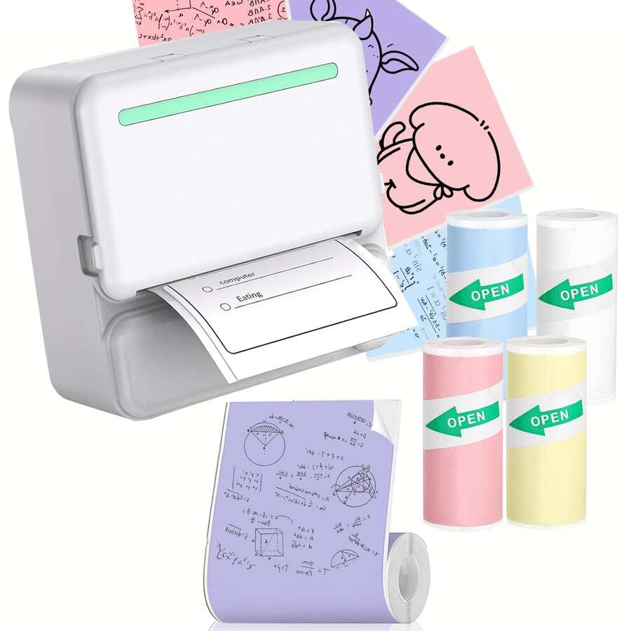Portable Mini Printer With 5pcs Color Sticker Paper, Mini Multifunctional Portable Photo Printer, Sticky Note, Text, List Thermal Printer, Inkless Printer Small Mobile Photo Album Printer - White Green Printer - View 1