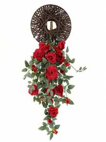 31.49in Artificial Flowers Hanging Plants For Decor Artificial Rose Vine Hanging With Rattan Tray, Fake Flower Wall Decor Hanging For Home Room Garden Wedding Indoor Outdoor Decoration - 紅色 - 查看 3
