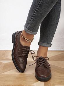 Women's Laser-Cut Brogue Oxfords, Flat Lace-Up Leather Casual Shoes, Spring Autumn,Loafer