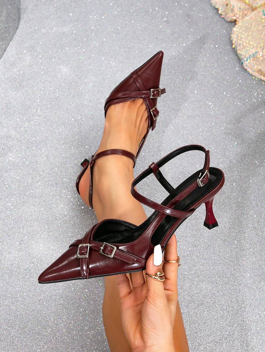 尖头细高跟女式高跟鞋，带绑带，铆钉装饰，摇滚音乐节朋克风格包头高跟鞋