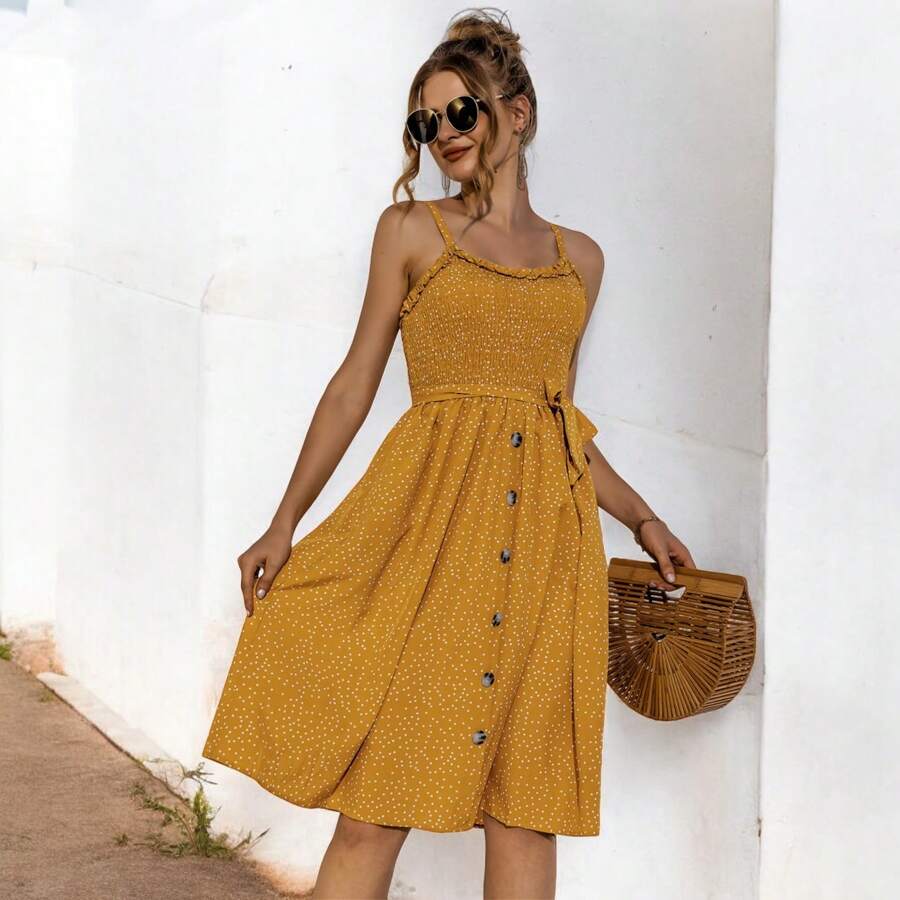 Women's Polka Dot Smocked Bodice  Dress With Button Front And Waist Tie - Yellow - View 1
