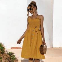 Women's Polka Dot Smocked Bodice  Dress With Button Front And Waist Tie - Yellow - View 5
