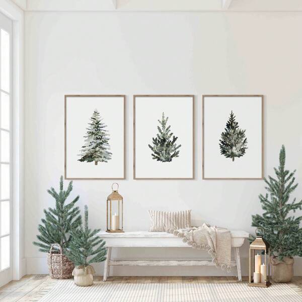 Set Of 3 Tree Print Canvas Paintings Seasonal Wall Art Decor Holiday Printable Xmas Poster Winter Tree Gift Idea Unframed Home Decor Christmas Decorations Room Decor Christmas