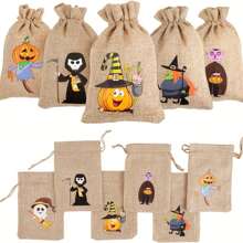12 Halloween Burlap Rope Gift Bags, Candy Snack Bags With Drawstring For Halloween Party Favorites Halloween Party - Multicolor - View 1