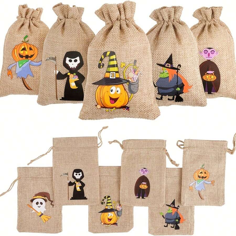 12 Halloween Burlap Rope Gift Bags, Candy Snack Bags With Drawstring For Halloween Party Favorites Halloween Party - Multicolor - View 1