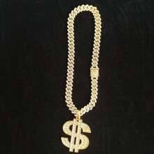 14mm Bling Bling Rhinestone Encrusted Chain Necklace With Dollar Sign Pendant For Men, Alloy Gold-Plated
