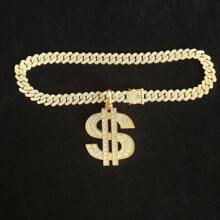 14mm Bling Bling Rhinestone Encrusted Chain Necklace With Dollar Sign Pendant For Men, Alloy Gold-Plated