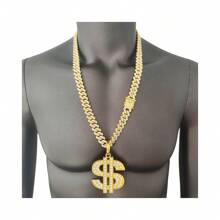 14mm Bling Bling Rhinestone Encrusted Chain Necklace With Dollar Sign Pendant For Men, Alloy Gold-Plated
