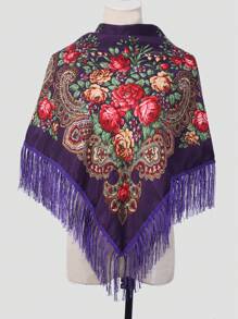 1 件女士涤纶花卉印花波西米亚风格方形围巾带流苏，多用途时尚头巾和披肩配饰女士情人节情人 - 黑色 - 查看 5