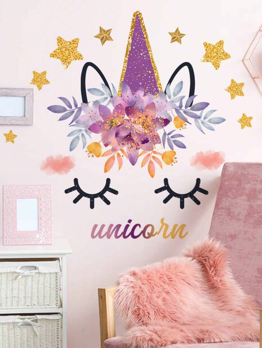 1 Set Cartoon Unicorn & Star Decorative Wall Stickers, Suitable For Kids Room, Bedroom, Home Decor - Multicolor - View 1