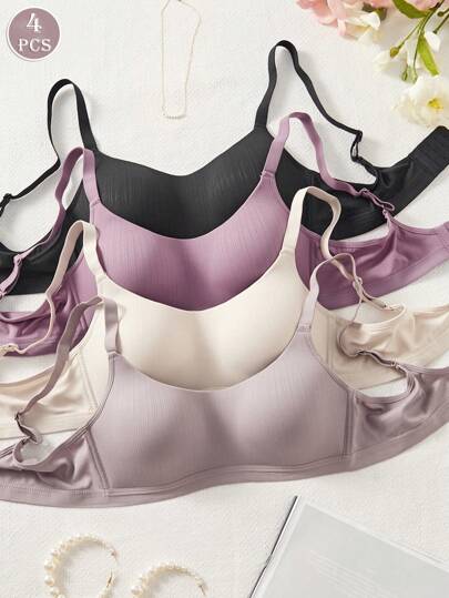 4件装女士舒适睡眠多色休闲条纹无钢圈软杯纯色内衣文胸