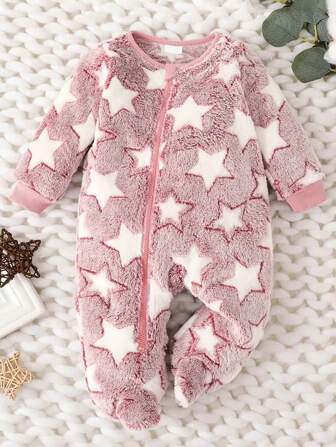 Baby Girls' Star Pattern Furry Collar Zipper Jumpsuit