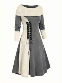 Women Knitted Casual Tie Decor Patchwork Fashion Midi Dress