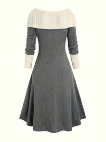 女士针织休闲领带装饰拼接时尚中长连衣裙 - 灰色 - 查看 3
