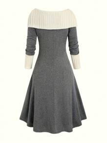 Women Knitted Casual Tie Decor Patchwork Fashion Midi Dress