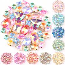 50 piezas/paquete, caramelos de gelatina de colores AB en formas mixtas, piedras de cristal coser a mano con base de metal dorado plano con agujeros, material de costura brillante con piedras preciosas para accesorios DIY, se pueden usar para decorar ropa, vestidos, bolsos, zapatos, broches, aretes, manualidades