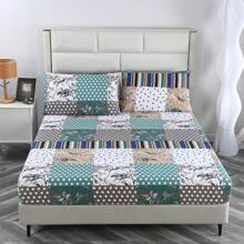 3 件套 100% 涤纶超细纤维花卉和几何印花床上用品套装（1 件床裙 + 2 件枕套）不含枕芯 - 五彩繽紛 - 查看 3