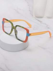 1pc Square Rainbow Color Big Frame Women's Plano Glasses, Contrast Color Frame Daily Accessory - Clear - View 2