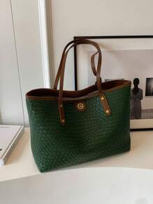 Bolso tote casual de gran capacidad y versátil, de estilo minimalista y de moda en PU, bolso de hombro para mujer, bolso tejido de estilo coreano 2025 para llevar debajo del brazo, informal y para ir al trabajo, bolsos llamativos para mujeres - Verde - Ver 6