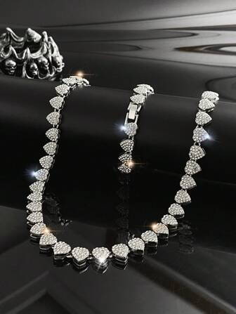 Hip Hop Heart Cube Chain Necklace, Plated Silver Valentines,Mom,Mother,Mother's Day,Gift