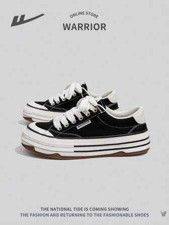 WARRIOR 1 Pair Women's Thick Sole Sporty Canvas Shoes, Anti-Skid Comfortable Autumn Lace-Up Low-Top Vintage Casual Travel Shoes For Young Students, 2024 New Arrival